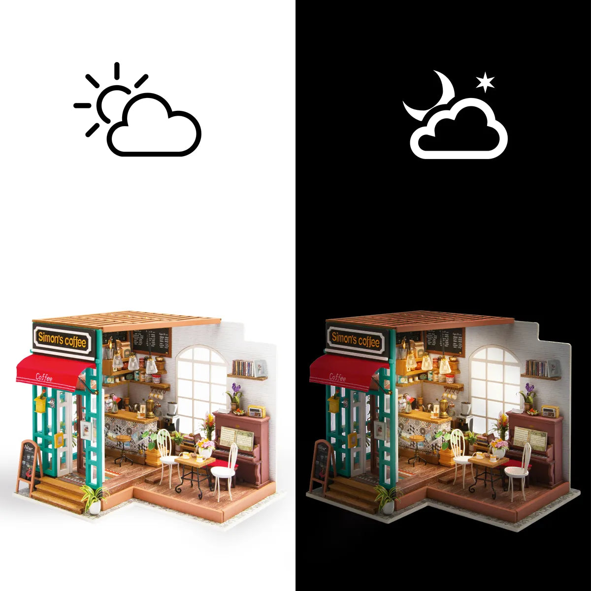 Comparación de Simon’s Coffee con luz ambiente y con la iluminación interior encendida.
