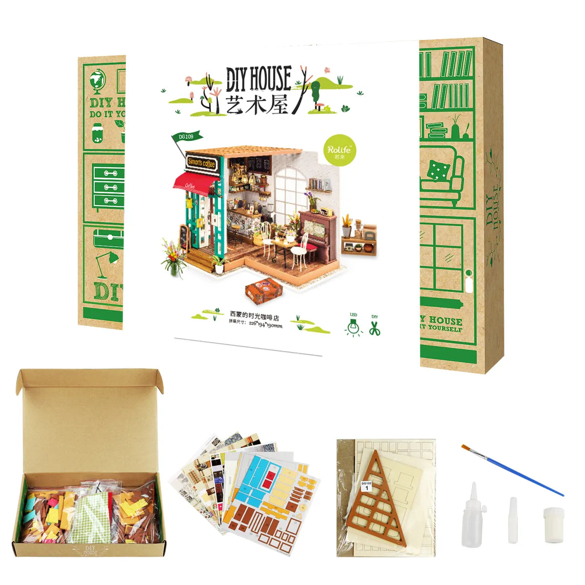 Caja abierta y componentes del kit Simon’s Coffee mostrados por el proveedor.