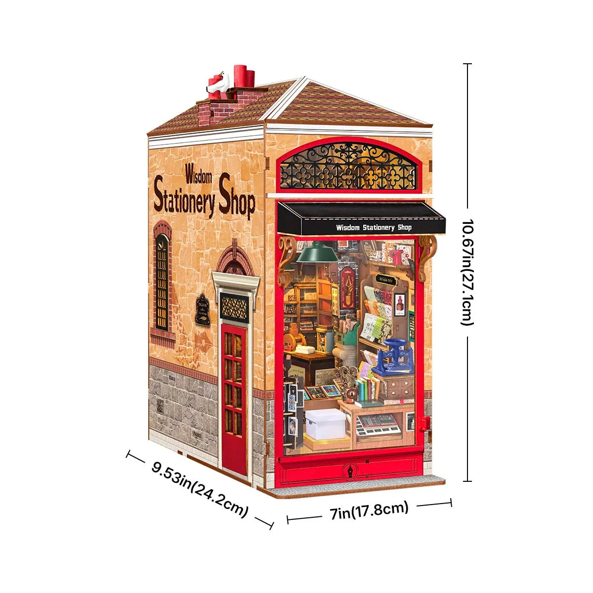 Wisdom Stationery Shop montado con las dimensiones señaladas.
