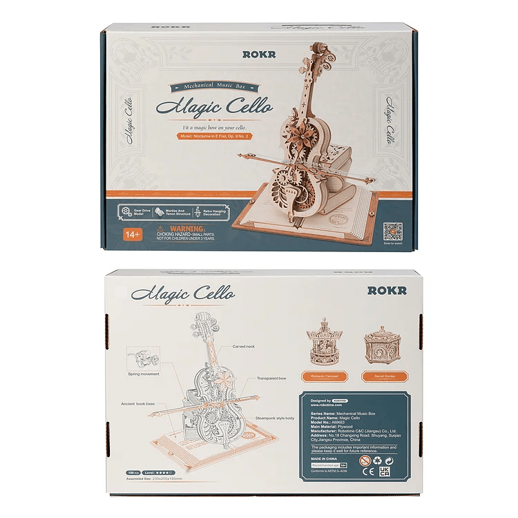 Vistas frontal y posterior de la caja Magic Cello · ROKR