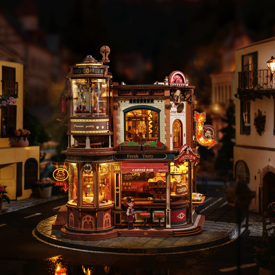 Fábrica de café iluminada en una escena nocturna · ROKR
