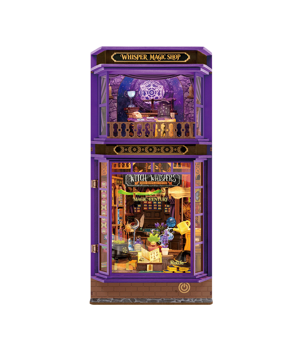 Whisper Magic Shop completo visto de frente sobre fondo blanco, con fachada morada y dos plantas.