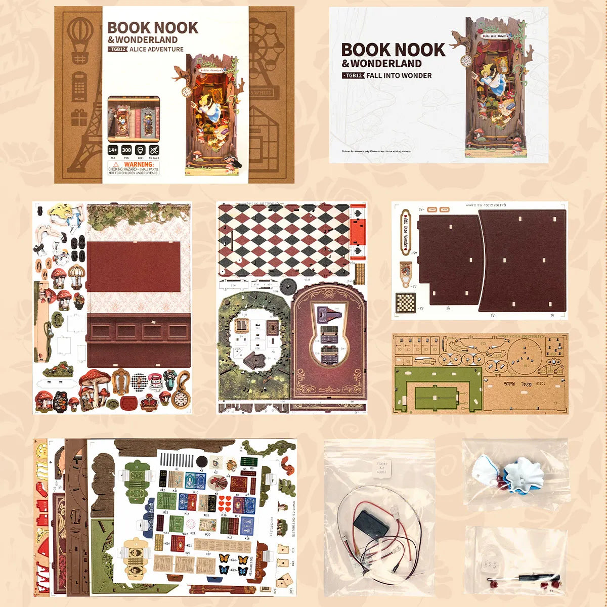 Caja, instrucciones, paneles y componentes del kit Fall into Wonder extendidos.