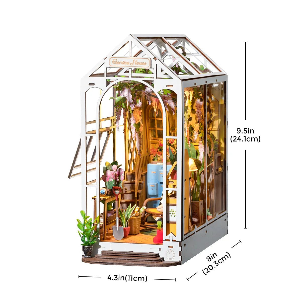 Garden House montado con sus dimensiones señaladas.