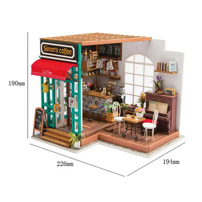 Simon’s Coffee montado con sus dimensiones señaladas.