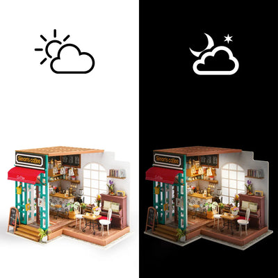 Comparación de Simon’s Coffee con luz ambiente y con la iluminación interior encendida.