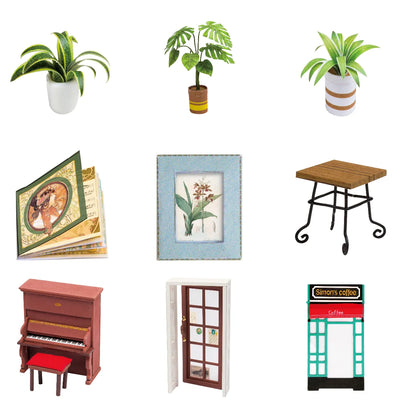 Muebles, plantas, cuadros y puertas en miniatura de Simon’s Coffee.