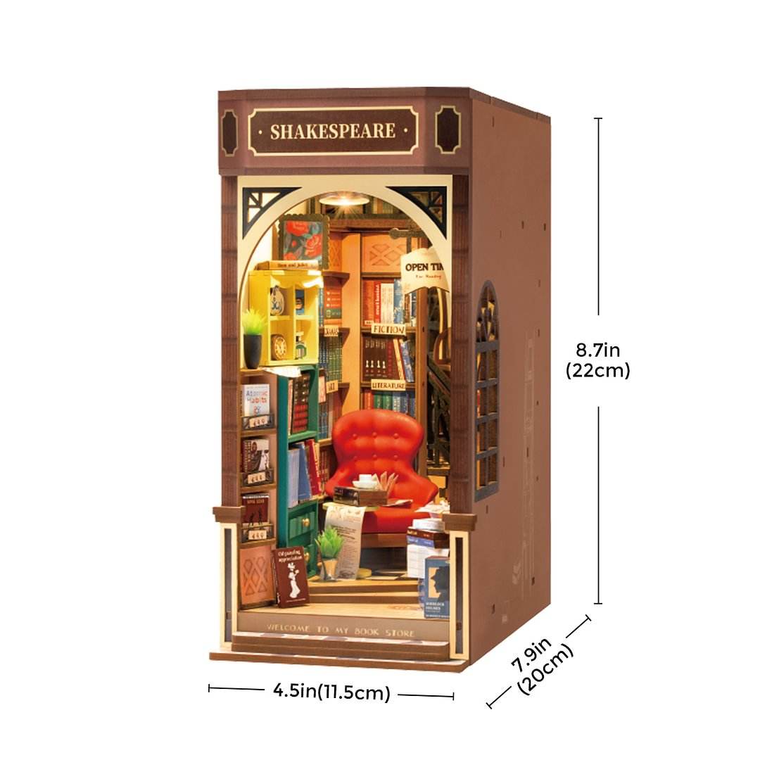 
Shakespeare’s Bookstore montado sobre fondo blanco con sus dimensiones señaladas.