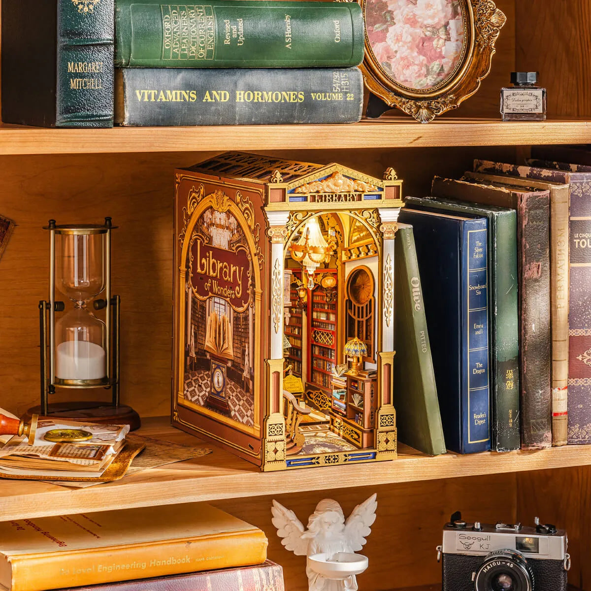 
Library of Wonders colocado entre libros en una estantería de madera.