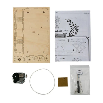 Panel de madera, instrucciones y componentes del mecanismo de Ferris Wheel Music Box.