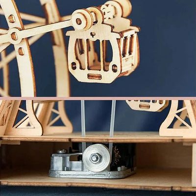 Detalles de una cabina y del mecanismo musical en la base de Ferris Wheel Music Box.