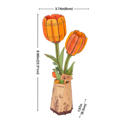 Orange Tulip montado con las dimensiones señaladas.