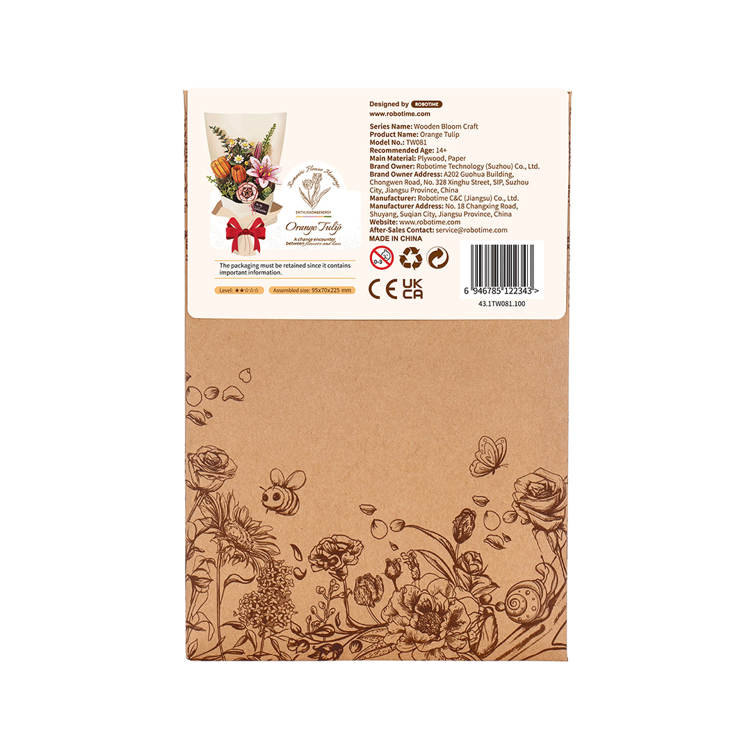 Parte trasera de la caja del kit Orange Tulip.