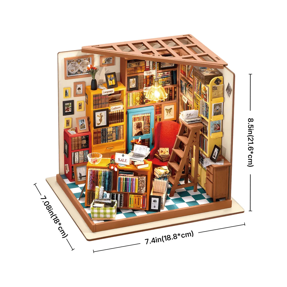 Sam’s Study montado con sus dimensiones señaladas.