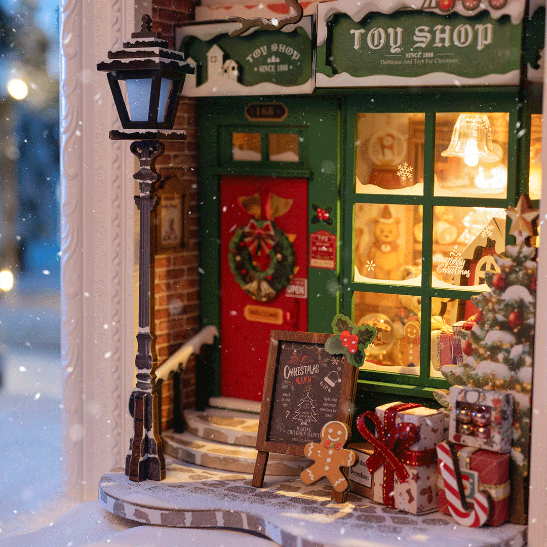 
Detalle exterior nevado de Santa’s Toy Shop