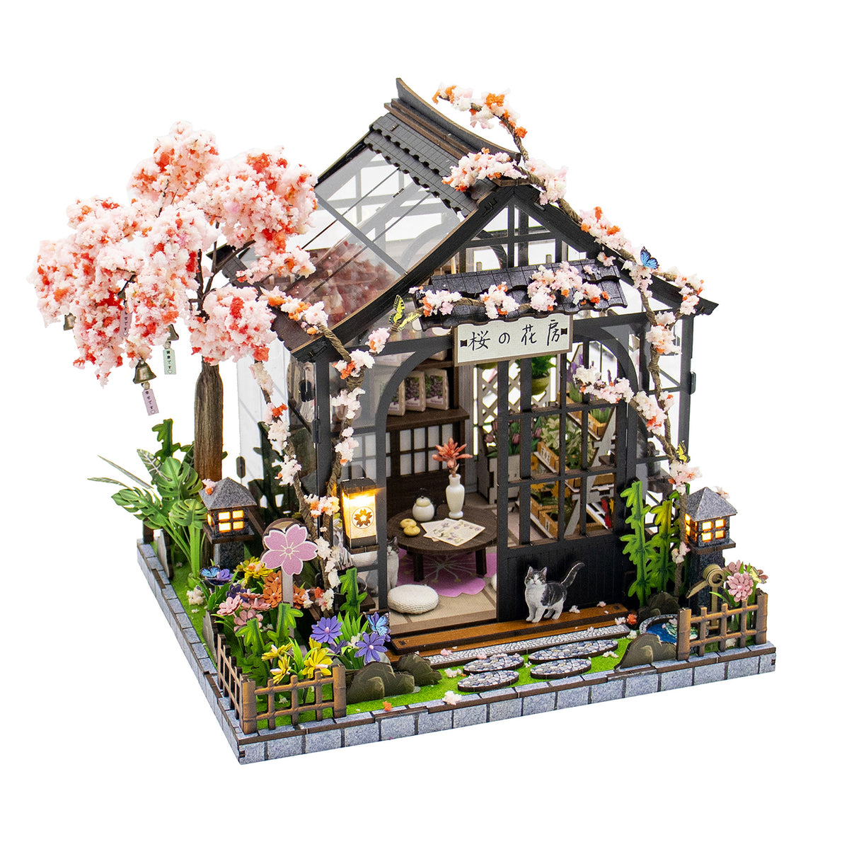 
Spring Sakura Greenhouse de Hongda, montada sobre fondo blanco, vista frontal