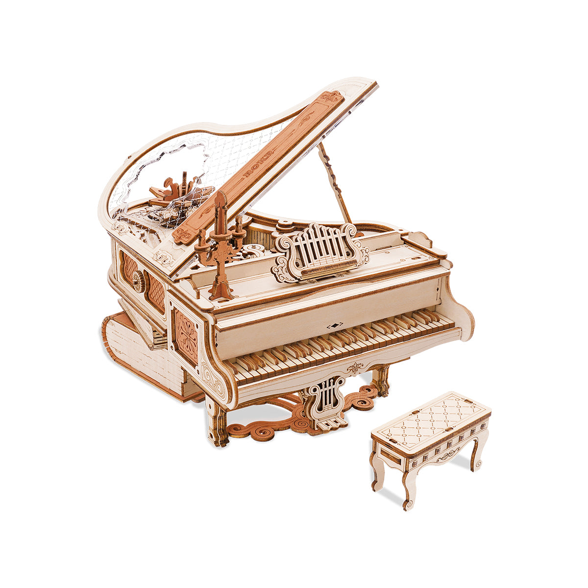 
Piano mecánico Magic Piano y banqueta sobre fondo blanco