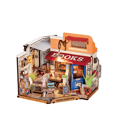 Librería en miniatura Corner Bookstore completa sobre fondo blanco.