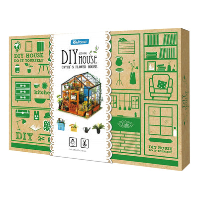 Caja del kit Cathy’s Flower House con ilustraciones verdes y fotografía del invernadero