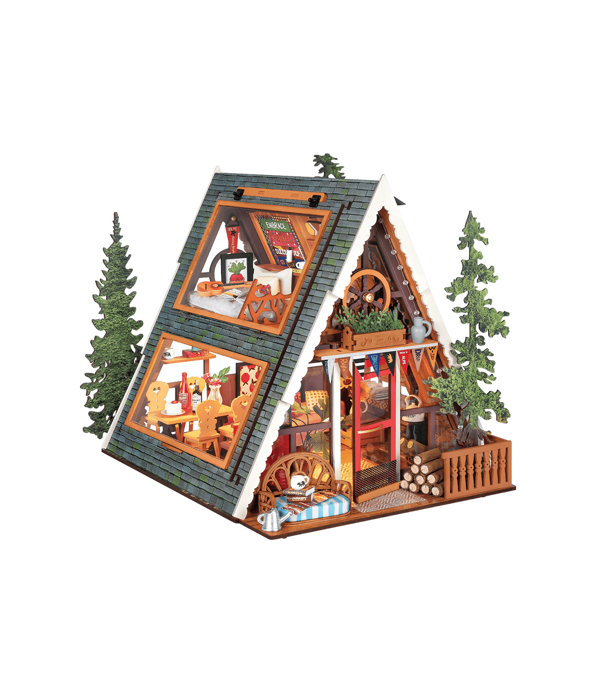 
Cabaña A-Frame Cabin terminada sobre fondo blanco · Rolife