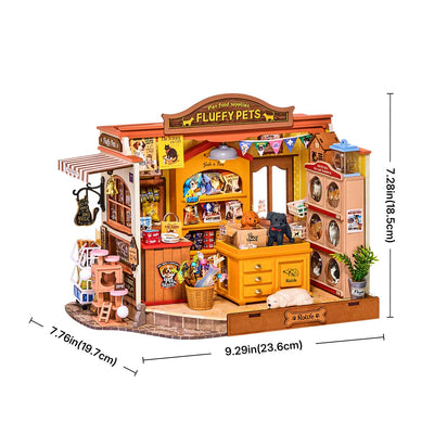 Fluffy Friends Hub visto en tres cuartos con las dimensiones señaladas.