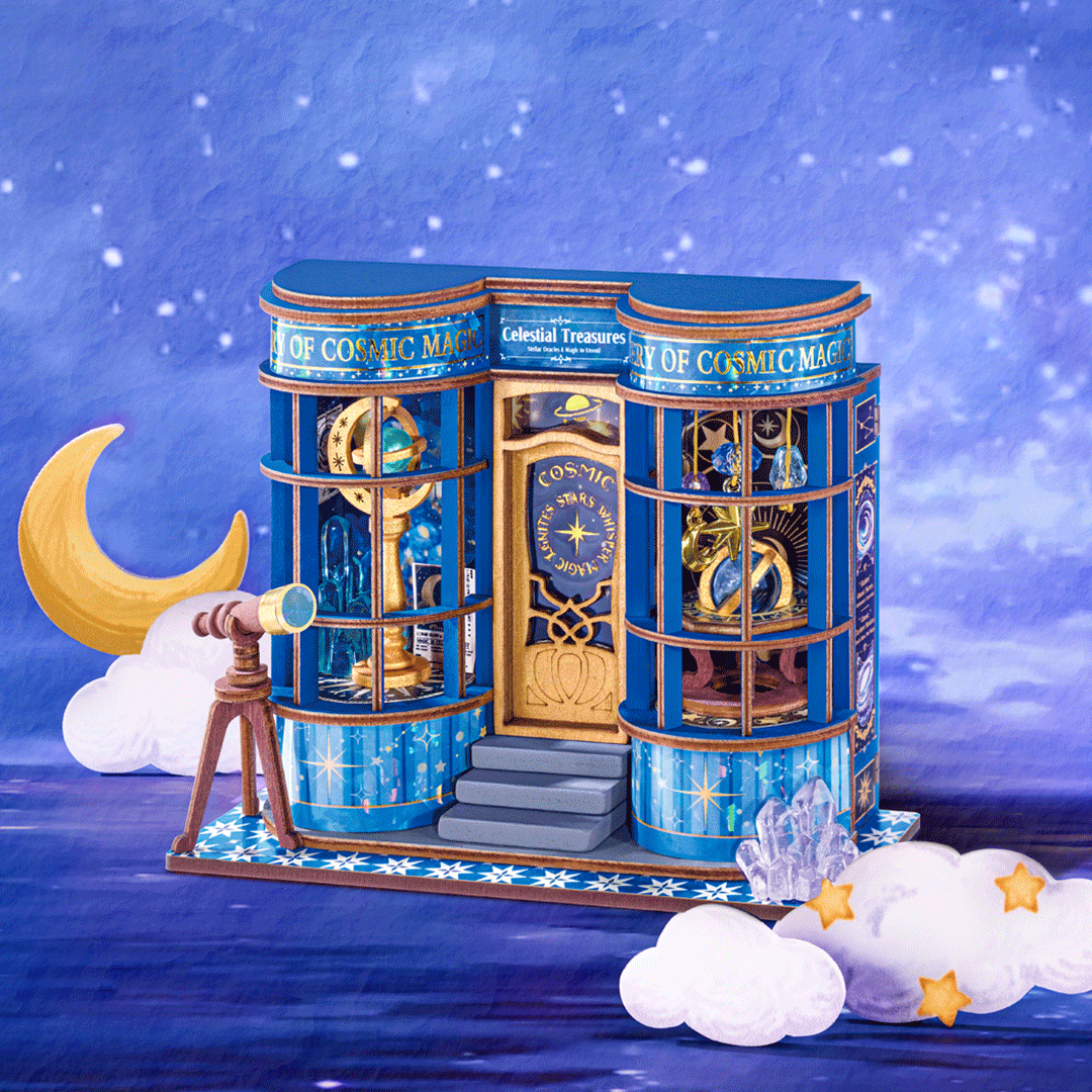 
Tienda de astronomía azul sobre una escena con luna y nubes · Rolife