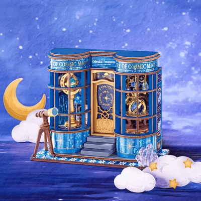 Tienda de astronomía azul sobre una escena con luna y nubes · Rolife