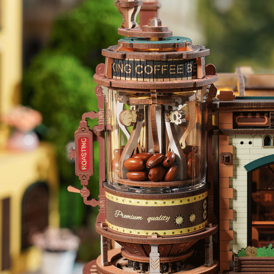 Detalle de la torre de café y sus granos decorativos · ROKR