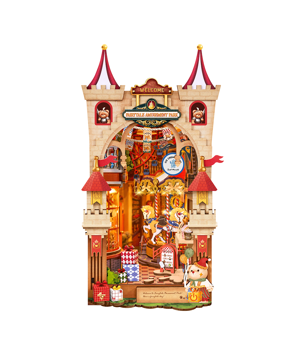 
Fairytale Amusement Park completo visto de frente sobre fondo blanco.