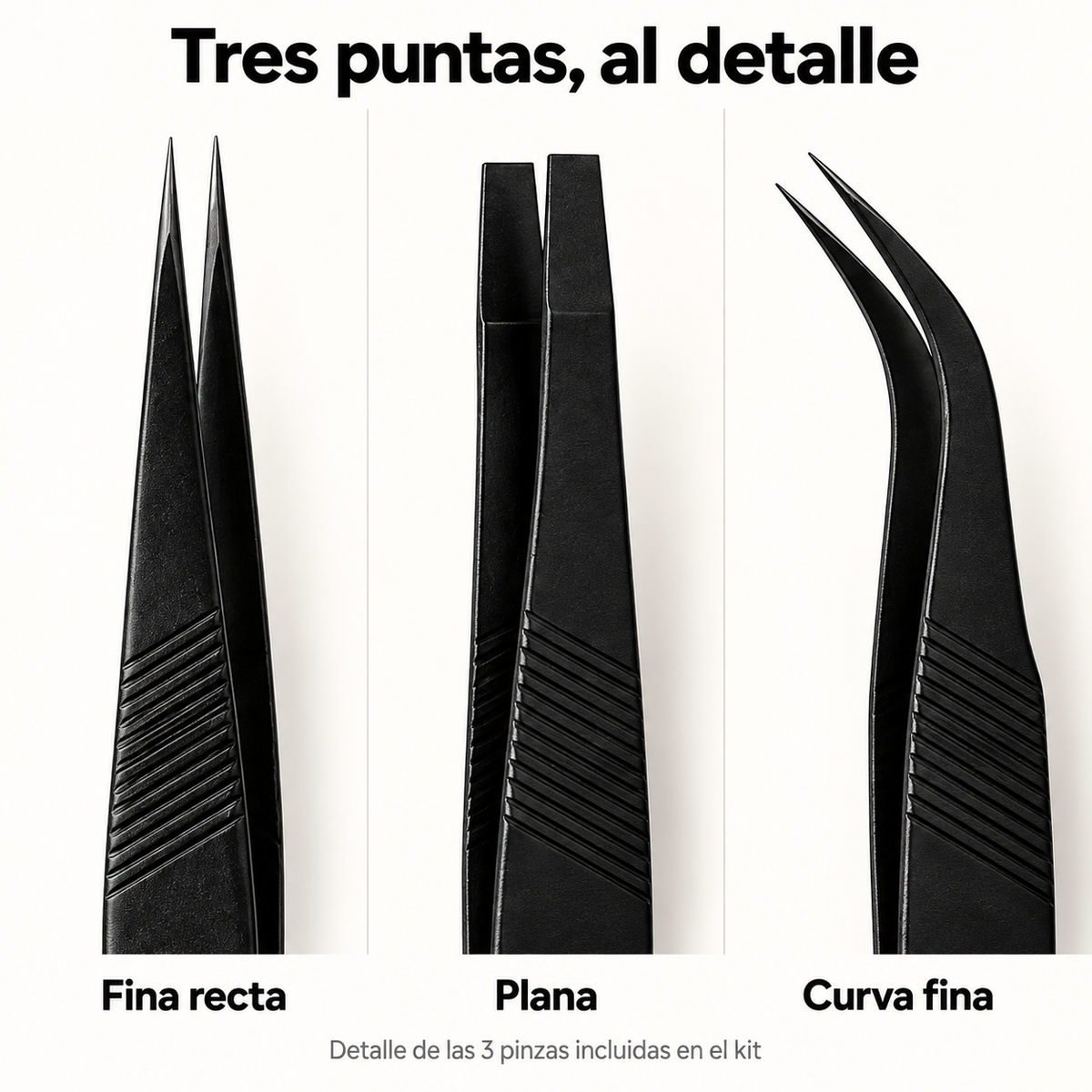 
Detalle de las tres puntas de las pinzas del kit NookArt: fina recta, plana y curva fina.