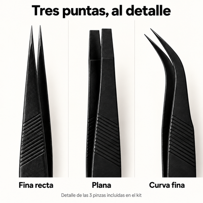 Detalle de las tres puntas de las pinzas del kit NookArt: fina recta, plana y curva fina.