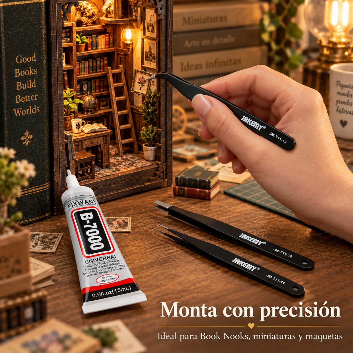
Uso de la pinza curva en una miniatura Book Nook, con las otras dos pinzas y el pegamento B-7000 sobre la mesa; maqueta no incluida.