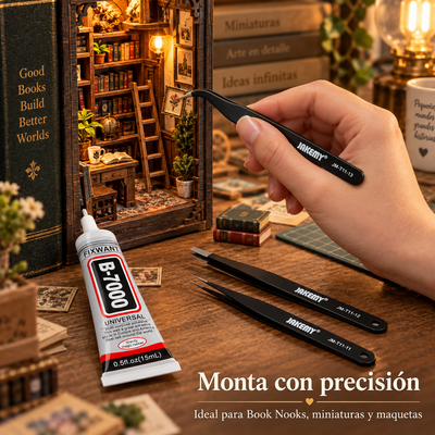 Uso de la pinza curva en una miniatura Book Nook, con las otras dos pinzas y el pegamento B-7000 sobre la mesa; maqueta no incluida.