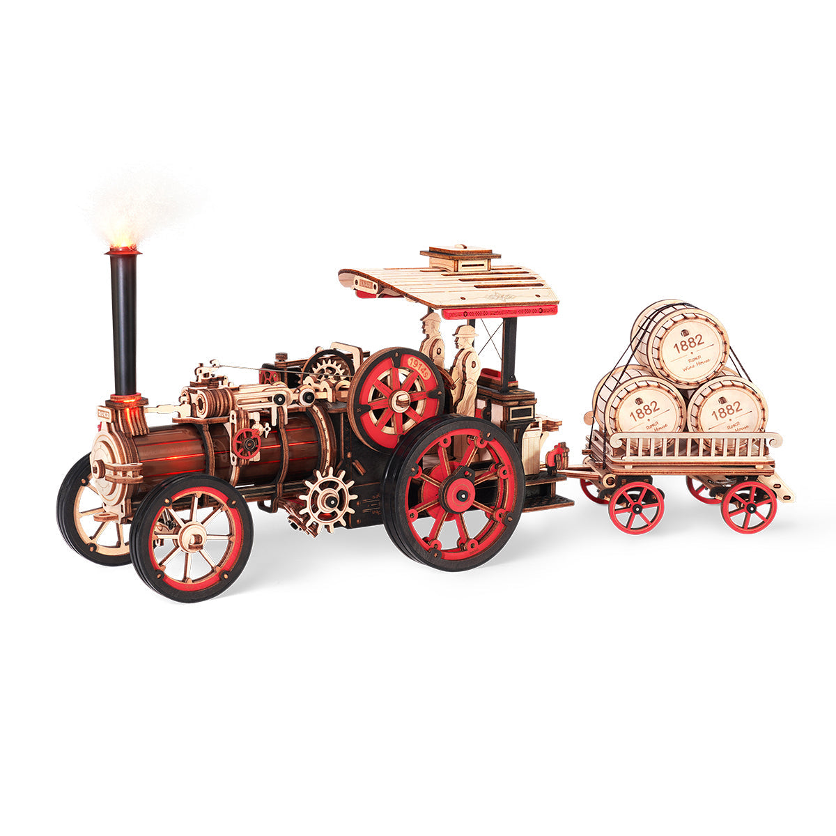 
Vehículo Steam Engine y remolque con barriles sobre fondo blanco