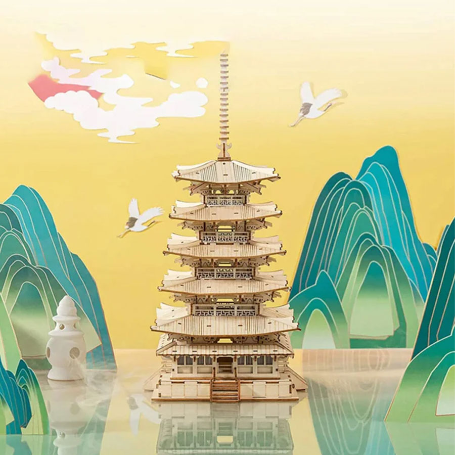 
Pagoda de cinco pisos frente a un paisaje ilustrado de montañas · Rolife