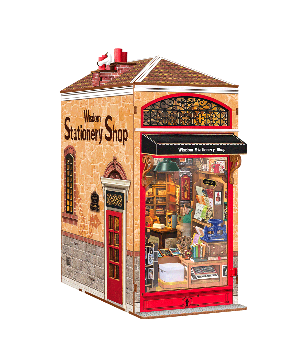 
Wisdom Stationery Shop completo visto en tres cuartos sobre fondo blanco.