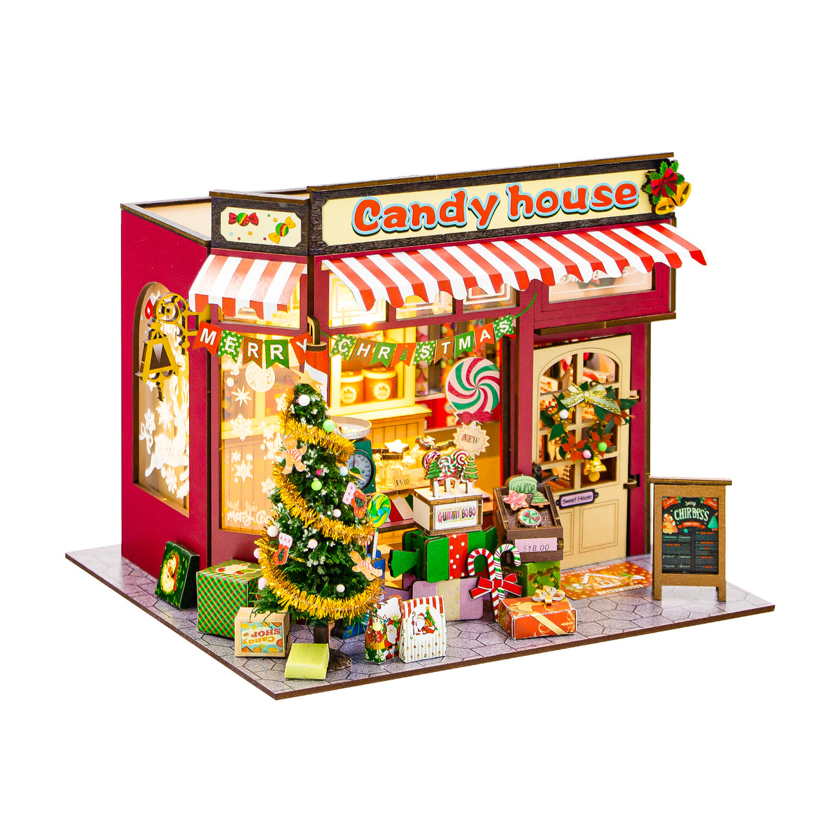 Candy House de Hongda, montada sobre fondo blanco, vista frontal